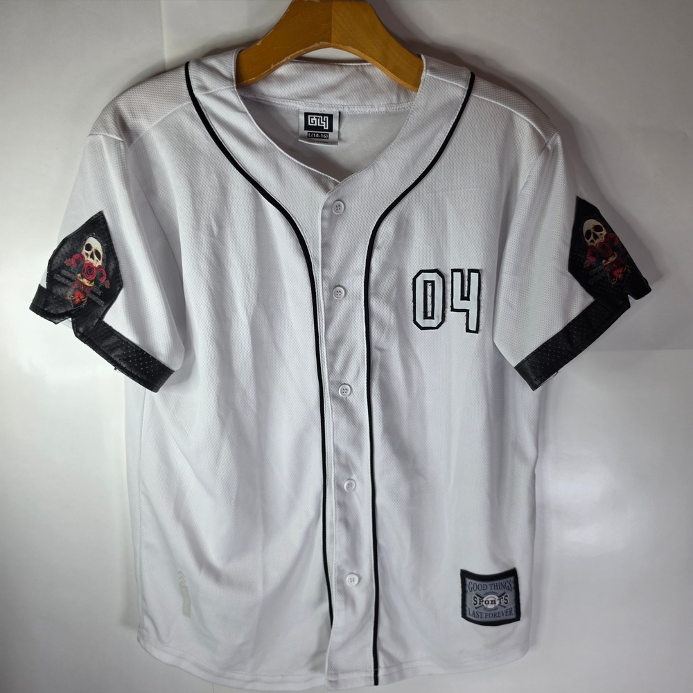GTL4 Skull Rose White Baseball Jersey Mens L 04 Good Things Last Forever Street